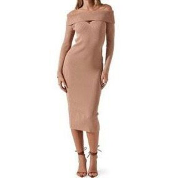 ASTR The Label Leya Off Shoulder Sweater Dress size S Midi Tan Long Sleeve - Picture 1 of 8